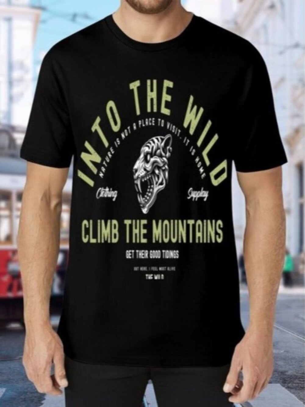 Black Graphic T-Shirt with Mountain Print